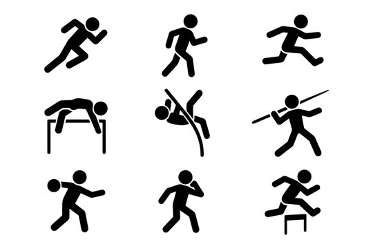 Dynamic track and field athlete icons: silhouette designs for sports enthusiasts