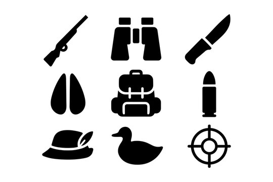 Hunting gear icon set: silhouettes of outdoor equipment and wildlife elements