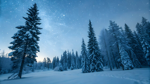 Snowy Starlit Winter Pine Forest