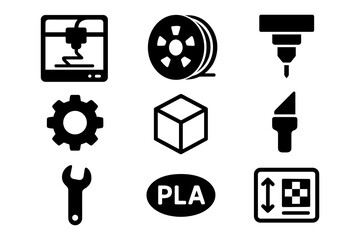 3d printing icons set featuring printer, filament, and tools in bold black silhouette