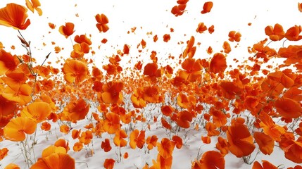 Orange Poppy Flowers Flying Against White Background