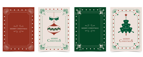 Obraz premium Merry christmas invitation card with tree, ball, green, red decoration and art deco design