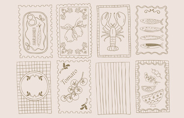 set of italian hand drawn design with sardine,lobster,and lemon