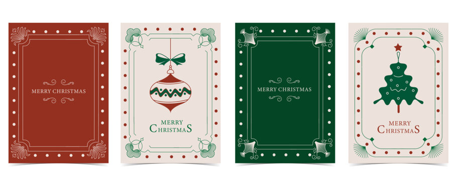 Merry christmas invitation card with tree, ball, green, red decoration and art deco design - Powered by Adobe