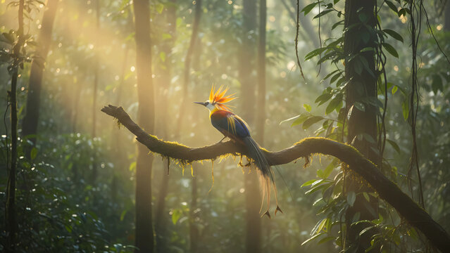 A colorful bird of paradise perches on a moss-covered tree branch in a lush tropical rainforest. - Powered by Adobe