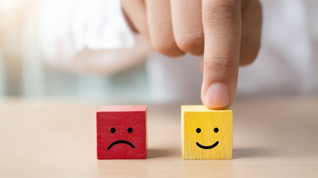 Switching Emotions: A hand delicately selects a smiling face block, juxtaposed with a sad face block, capturing the theme of emotion management.
