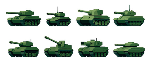 Military tanks collection, flat vector illustration of armored vehicles, army, warfare
