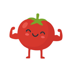 Flat vector illustration of a strong tomato character flexing muscles with a happy face.