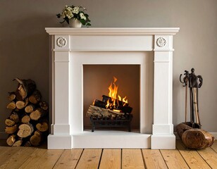 White fireplace with burning logs