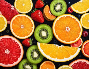 Sliced fruits! Citrus, kiwi, berries against black