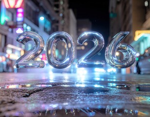 2026 balloons float over wet city street at night