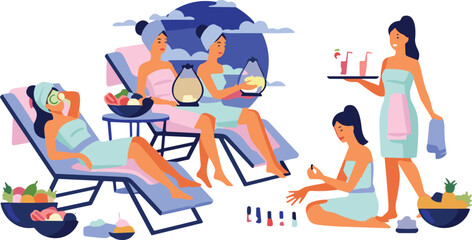 Happy women relaxing at spa salon party doing manicure and drinking cocktails on lounge chairs flat vector illustration design