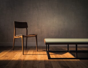 Chair and bench in sunlit, minimal room