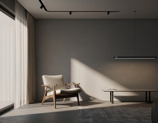 Minimalist interior; armchair, bench, window light.