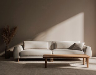 Cream couch, wood table, dried grass, sunlit wall
