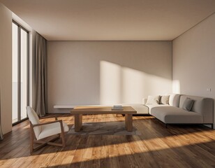 Airy living room; sunlight on sofa, wood floor