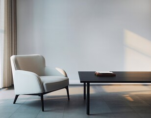 Modern room with armchair and table bathed in sunlight