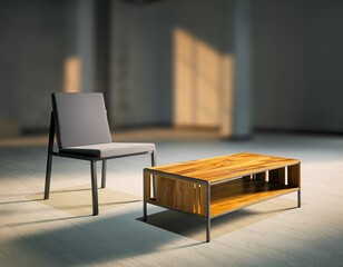 Simple chair & wood table in sunlit, minimalist room
