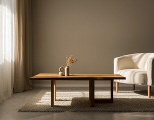Bright, minimalist room table, chair, light, vase, plant