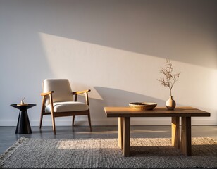 Minimalist interior with chair, table, rug in warm light