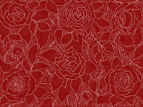 seamless pattern with rose flowers. hand drawn outline on holiday season vibes background. high resolution for design with a whimsical and enchanting red theme