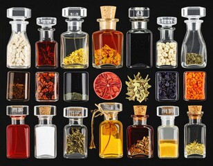 Alchemic array bottles hold colorful natural ingredients