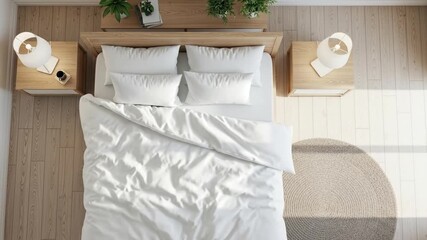 Minimalist bedroom interior design overhead view white bedding