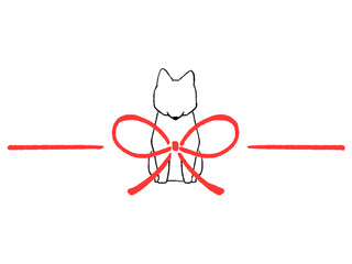赤い蝶結びと犬　シンプルでかわいい線画　イラスト