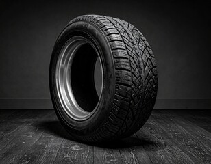 Tire on wooden floor, gray studio background, simple still