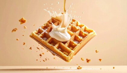 Waffle levitates as cream cascades in midair