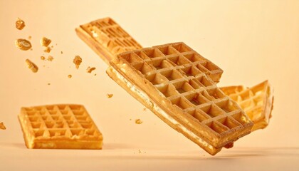 Stacked waffles w/ cream filling, crumbles float around