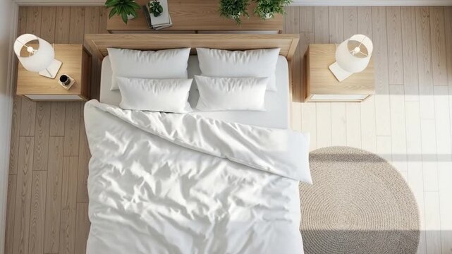 Minimalist bedroom interior design overhead view white bedding