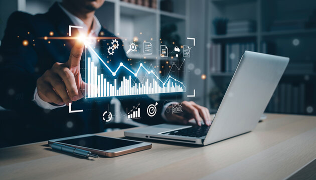 Business Professional Analyzing Data with Futuristic Digital Analytics and Growth Chart Interface