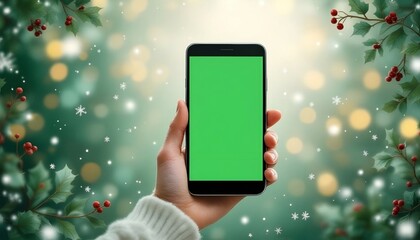 Green screen smartphone on Christmas Background