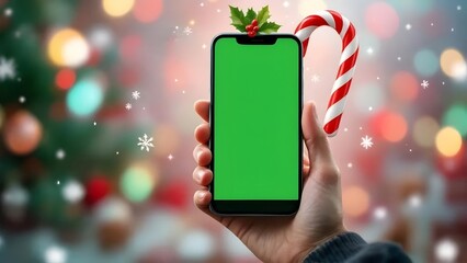 Green screen smartphone on Christmas Background