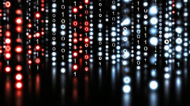 A stunning visual representation of digital data flow, showcasing binary code in red and white lights against a dark background. Perfect for themes of technology and innovation.