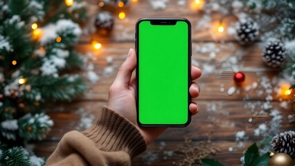 Green screen smartphone on Christmas Background