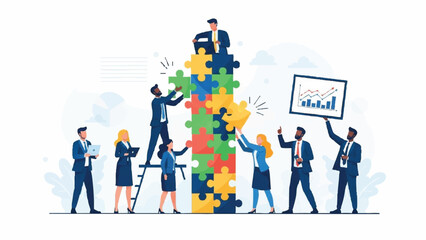 Fototapeta premium Illustration of a diverse team collaborating to build a giant puzzle tower while one member holds a graph chart in a professional setting with a clean white background.