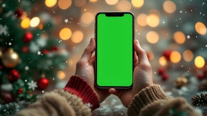 Green screen smartphone on Christmas Background