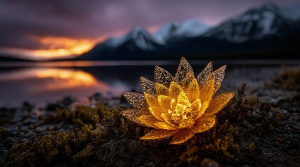 Glowing Lotus Flower At Sunset Over Mountain Lake