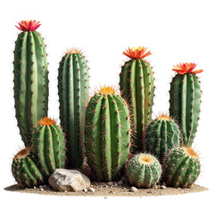 A variety of green cacti in different shapes and sizes with vibrant orange and yellow flowers bloom isolated on transparent background. PNG die-cut for advertising