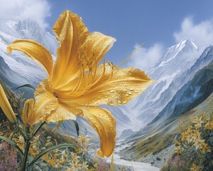 Golden Lily Blossom Mountain Landscape