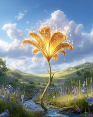 Golden Lily Flower In A Stream Landscape