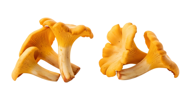 Two golden chanterelle mushrooms isolated on transparent background