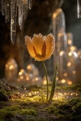 Glowing Orange Tulip In Ice Cave