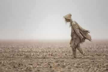 Figurative figure walking in a hazy field