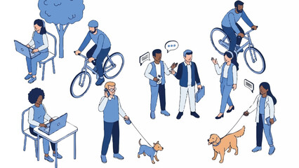 Illustration of diverse people engaging in various daily activities with dogs on a white background in blue tones.