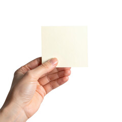 Fototapeta premium Hand Holding Blank Cream Colored Square Sticky Note Paper isolated on transparent background. PNG die-cut for advertising