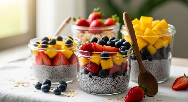 Chia seed pudding jars layered with fruit like mangoes strawberries and blueberries Wooden spoon present - Powered by Adobe