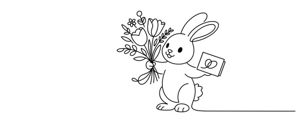 Cute Bunny Holding Flowers and a Wedding Ring Card in Line Art rabbit bouquet